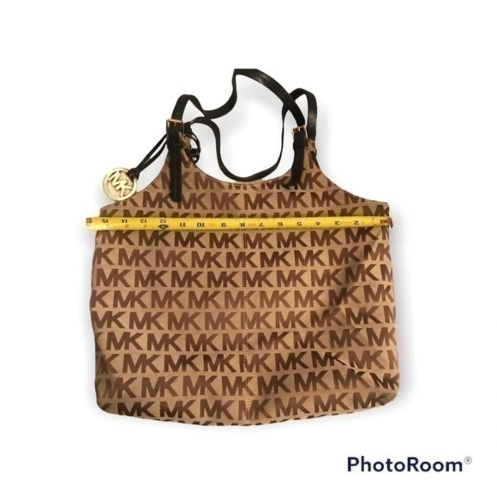 Michael kors brown monogram tote bag with blue leather trim